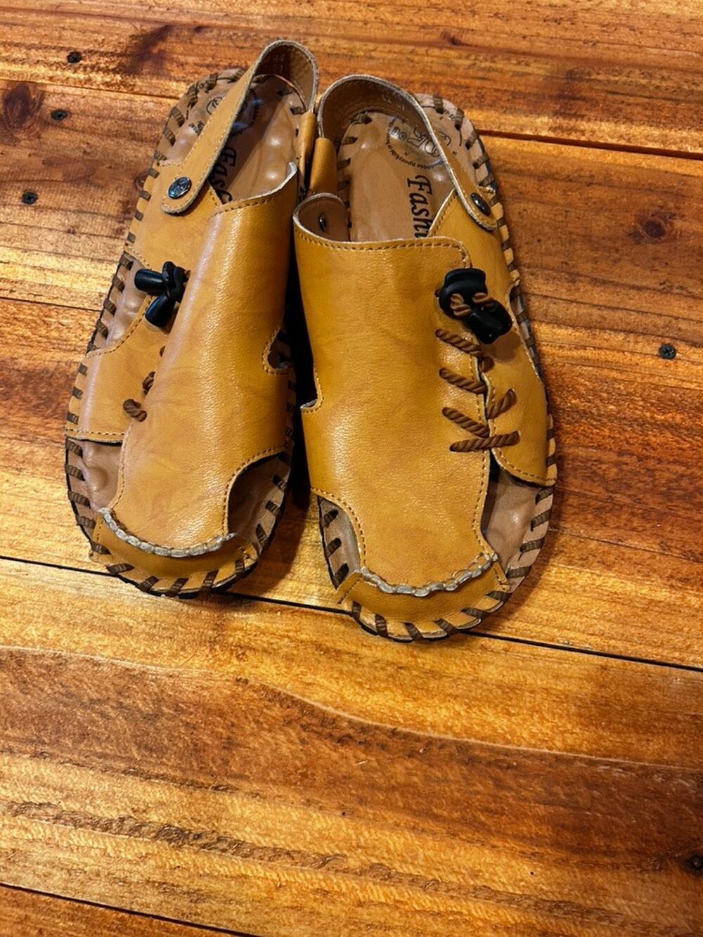 Boho Leather Slingback Sandals Women's Size 13 EU 44 Tan Whipstitch Comfort